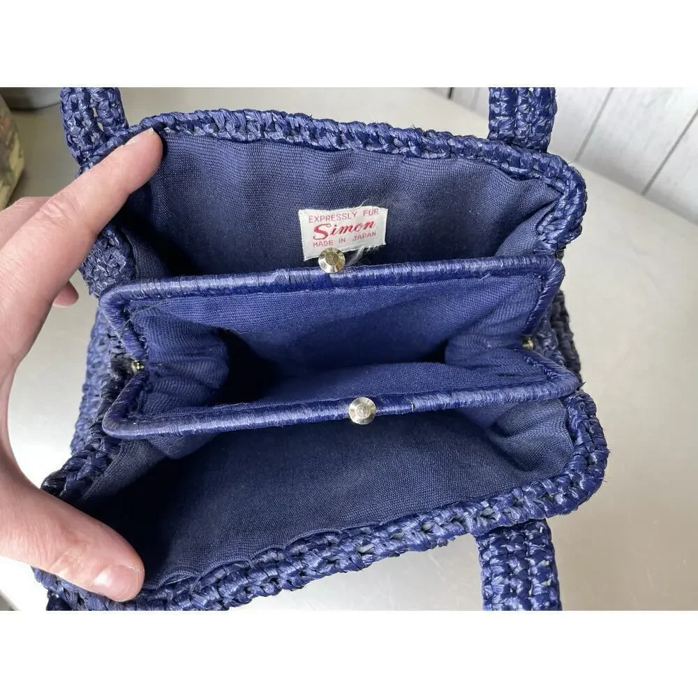Vintage 70’s Shoulder Bag Navy Straw Top Handle Handbag Kisslock Interior